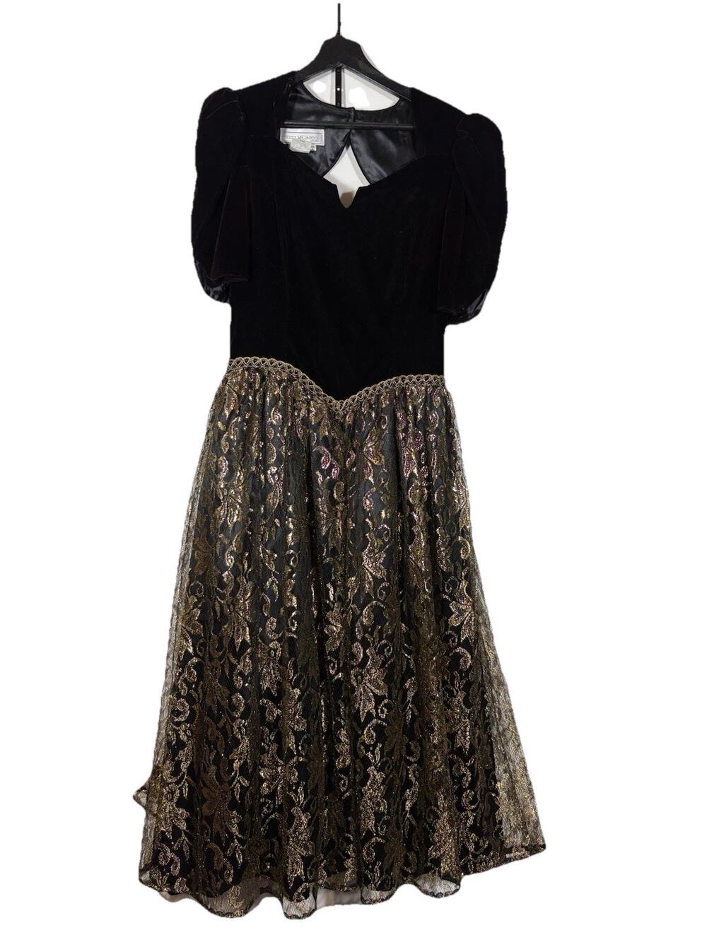 Black Gold Velvet Dress Scott McClintock Lace Puff Sleeve Party Vtg 80s AS IS 10